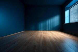 Blue empty wall and wooden floor with interesting light glare. Interior background for the presentation. photo