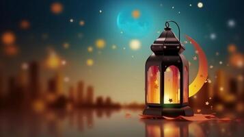 Ramadan kareem lantern moon realistic composition with colourful sky blurry stars and crescent moon. photo