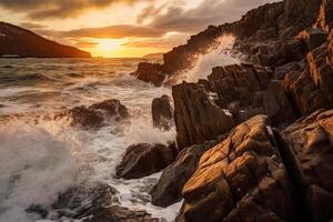 el olas son estrellarse terminado el rocas a puesta de sol. ai generativo foto