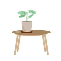 Green homeplant in a trendy clay flowerpot on the wooden table hand drawn in simple style botanical vector illustration, symbol of comfort and cozy home, eco-friendly concept