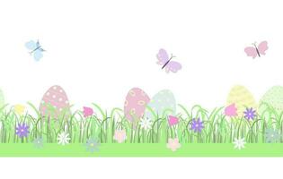 Easter floral composition eggs, butterflies, early spring grass with cute flowers seamless horizontal border, flat style vector illustration spring festive decor, cards, poster, banners, web design