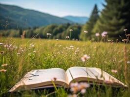 Book on the meadow with mountain at background. photo