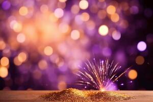 Gold and purple Fireworks and bokeh in New Year eve and copy space. Abstract background holiday, photo