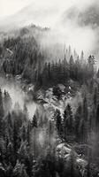 Mountain forest with mist and fog. photo