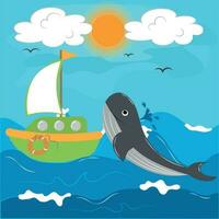 Illustration with a ship and a whale in the sea vector