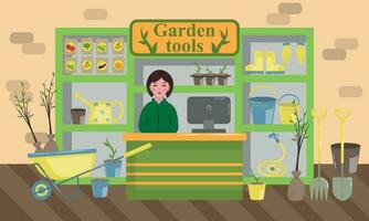 Shop of garden tools with all sorts of garden devices vector