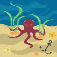 ilustración con pulpo en el fondo del mar vector