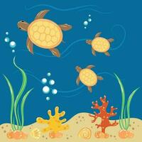 Illustration with mother turtle and her babies in the sea vector