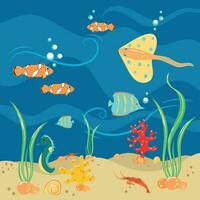 Illustration with marine animals and fish in the sea vector