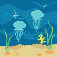 Illustration with jellyfish in the sea vector