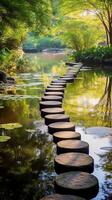 Luminous granite stepping stones leading to cottage in middle of pond. photo