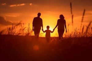 silueta de contento familia caminando en el prado a puesta de sol. ai generativo foto