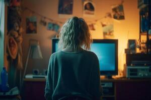 sad blonde woman back view in her room standing. photo