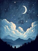 illustration of a moonlit night, with stars twinkling in the sky and clouds. photo