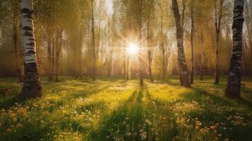 Birch grove in spring on sunny day with beautiful carpet of juicy green young grass and dandelions in rays of sunlight, photo