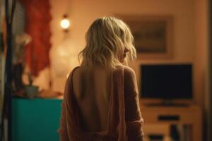 sad blonde woman back view in her room standing. photo