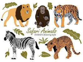 vector ilustración de linda salvaje safari africano animales incluso , león, leopardo, cebra, tigre, mono con cachorro gracioso dibujos animados garabatear caracteres en escandinavo estilo. niños