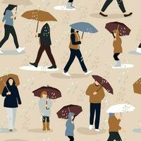 Vector illustration of people in the rain. Autumn mood. Trendy retro style on beige. Seamless fall pattern.