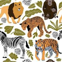 sin costura modelo vector ilustración de linda salvaje safari africano animales incluso , león, leopardo, cebra, tigre, mono con cachorro gracioso dibujos animados garabatear caracteres