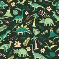 Seamless pattern with bright dinosaurs and green plants including T-rex, Brontosaurus, Triceratops, Velociraptor, Pteranodon, Allosaurus, etc. Isolated on dark background vector