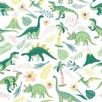 Seamless pattern with bright dinosaurs and green plants including T-rex, Brontosaurus, Triceratops, Velociraptor, Pteranodon, Allosaurus, etc. Isolated on white vector