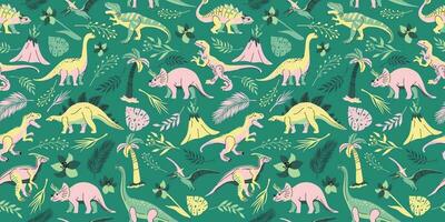 Seamless pattern with bright dinosaurs and green plants including T-rex, Brontosaurus, Triceratops, Velociraptor, Pteranodon, Allosaurus, etc. Isolated on dark background vector