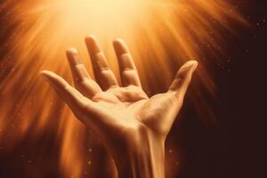 Human hands open palm up worship with faith in religion and belief in God on blessing background. AI generative photo