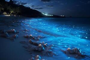 Ocean shore at night, the water is full of dinoflagellates, glowing with millions bright blue neon glow in the dark tiny dots. photo