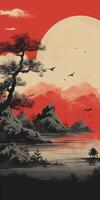 Vintage Minimalistic landscape, Japanese style. photo