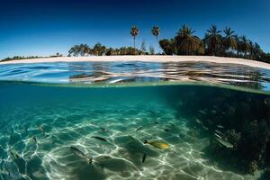 Photograph of beautiful inviting beach scene with blue sky. photo