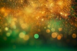 Gold and green Fireworks and bokeh in New Year eve and copy space. Abstract background holiday. photo