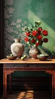 A brown table, wooden, classical style bouquet on the right side of the table. photo