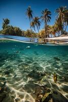 Photograph of beautiful inviting beach scene with blue sky. photo