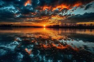 A scene in which the entire sky is reflected in the water. photo
