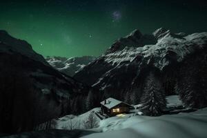 Aurora, Swiss Alps, star, snow, winter. AI Generative photo