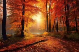 el más hermosa rojo otoño bosque en el mundo. ai generativo foto