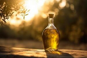 dorado aceituna petróleo botella en de madera mesa aceituna campo en Mañana luz solar. ai generativo foto