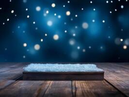 Winter snowy stage background with wooden flooring and Christmas lights on blue background, banner format, copy space. photo