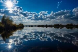 un escena en cuales el todo cielo es reflejado en el agua. ai generativo foto