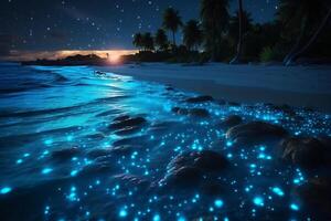 Ocean shore at night, the water is full of dinoflagellates, glowing with millions bright blue neon glow in the dark tiny dots. photo