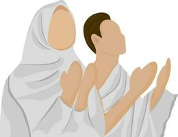 Muslim men and women wearing ihram hajj and umrah clothes praying vector