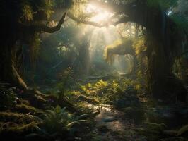 Glade in a cinematic magical forest. photo