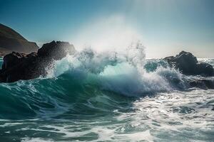 soleado día, belleza de marina naturaleza, fuerza y poder de el agua elemento en formar de un grande turquesa mar ola estrellarse en costa. ai generativo foto