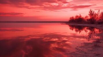 A scene in which the entire pink sky is reflected in the water. photo