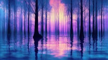 Trees in a forest with water on it, in the style of blur silhouette, with a blue purple tone. photo