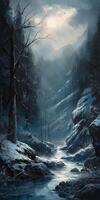 A painting of a valley covered in snow, in the style of dark fantasy, realistic lighting, luminosity of water, flowing silhouettes, fairy tale. photo