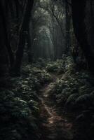 Dark forest, with a path in the middle, horror ambient, trees on the side. photo