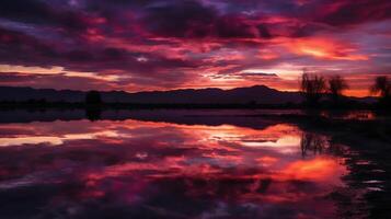 un escena en cuales el todo rosado cielo es reflejado en el agua. ai generativo foto