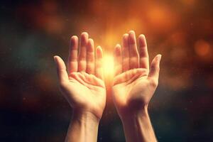 Human hands open palm up worship with faith in religion and belief in God on blessing background. photo