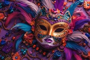 Venetian carnival mask and beads decoration. Mardi gras background. photo